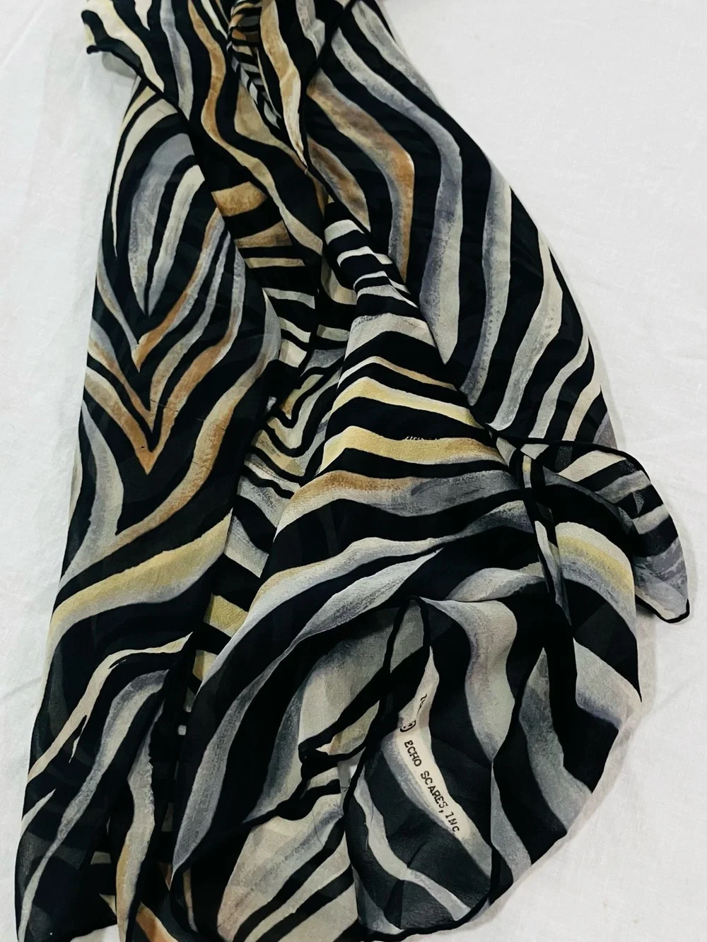 70's Echo Brand Zebra-Print Sheer Silk Scarf in Black, Cream & Brown